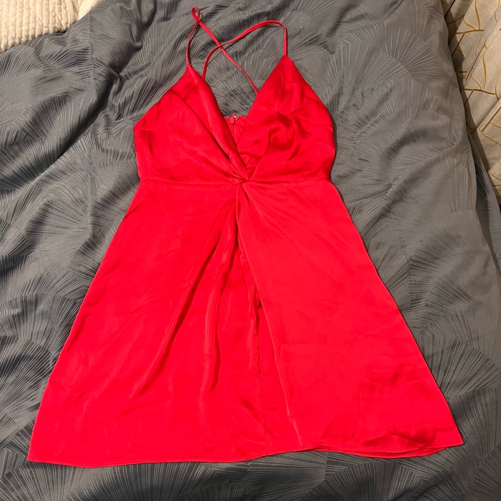 Express cinched waist plunging dress.